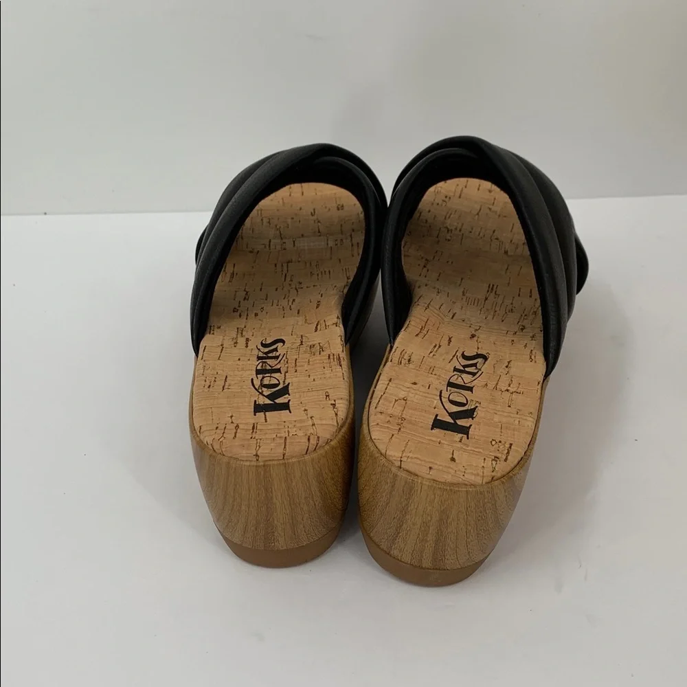 Korks Faithe slide platform wedge sandal black slide criss cross wood heel new 6